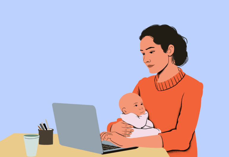 Mother multitasking with infant, working from home. Work-life balance, maternal bond, infant care, remote work, multitasking, nurturing, modern parenting